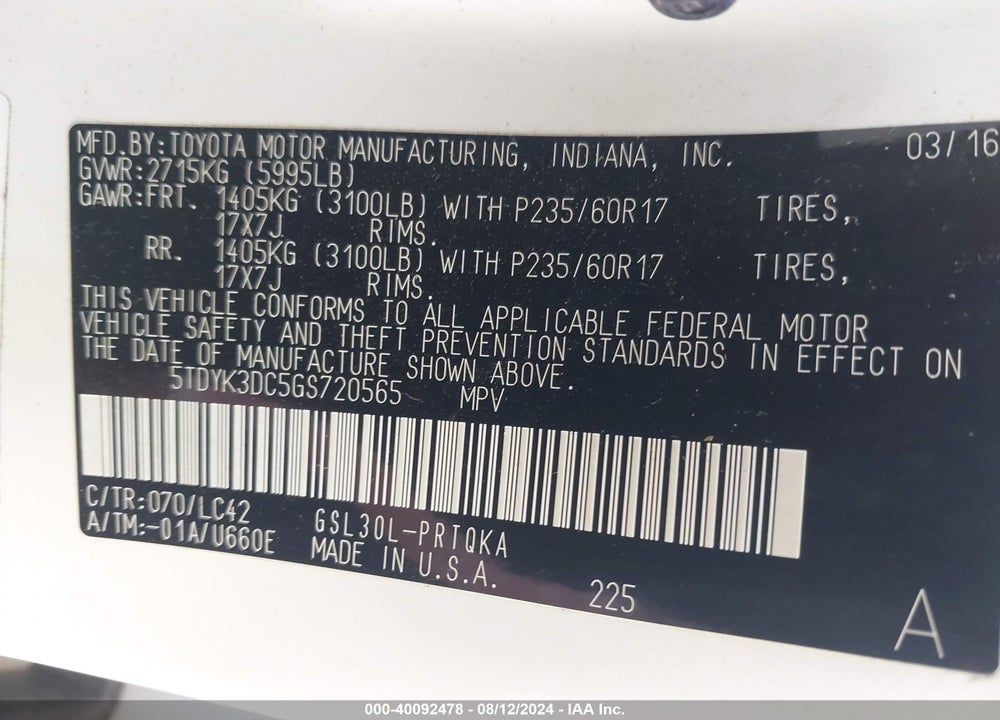 2016 TOYOTA SIENNA XLE 8 PASSENGER VIN: 5TDYK3DC5GS720565