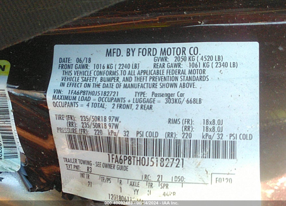 2018 FORD MUSTANG ECOBOOST VIN: 1FA6P8TH0J5182721