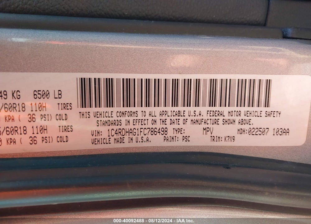 2015 DODGE DURANGO SXT VIN: 1C4RDHAG1FC786498