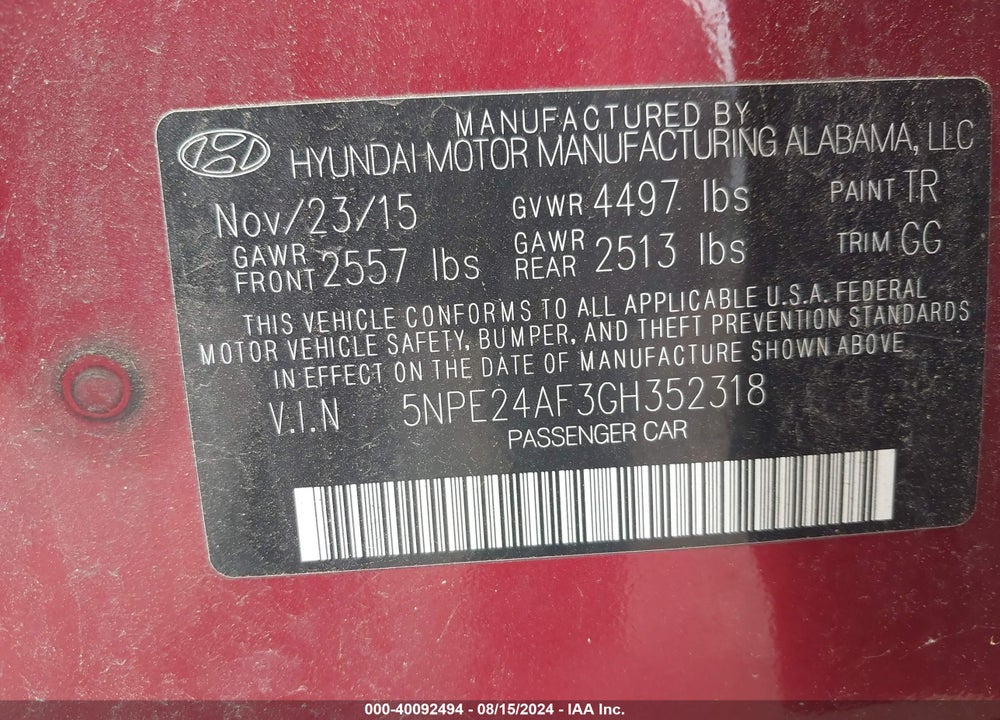 2016 HYUNDAI SONATA SE VIN: 5NPE24AF3GH352318