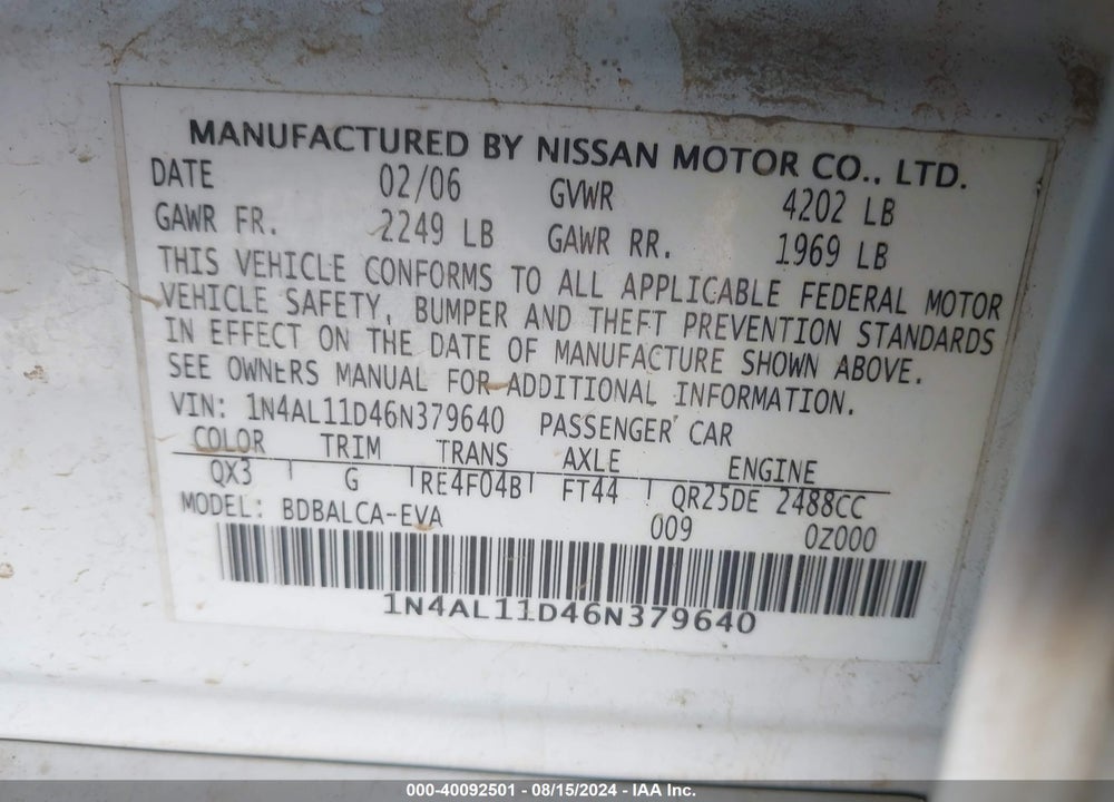 2006 NISSAN ALTIMA VIN: 1N4AL11D46N379640