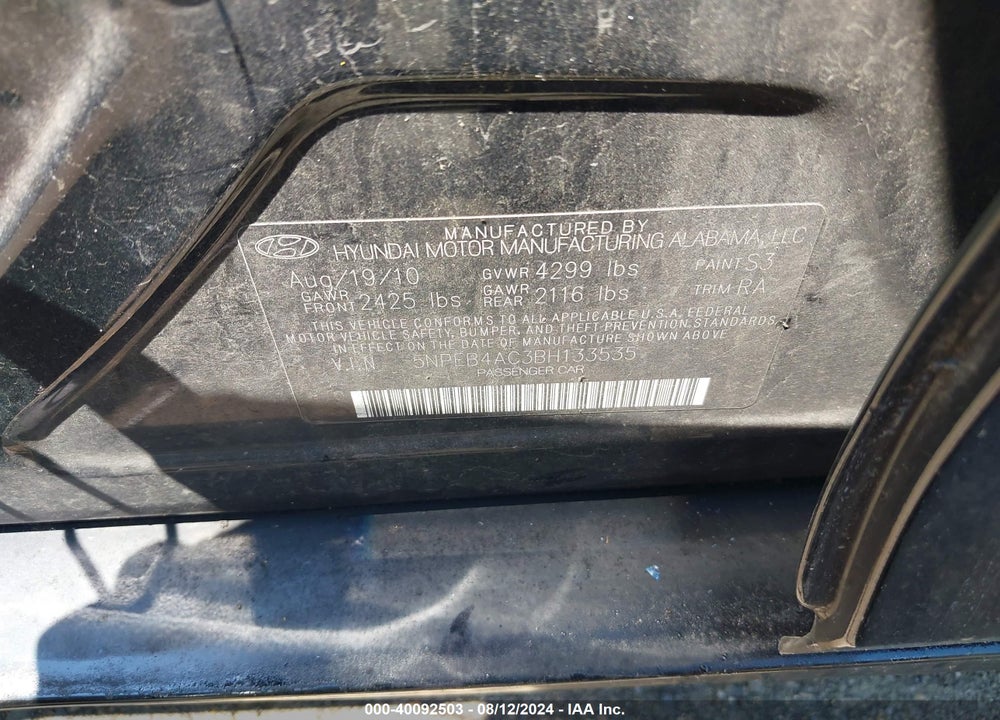 2011 HYUNDAI SONATA GLS VIN: 5NPEB4AC3BH133535