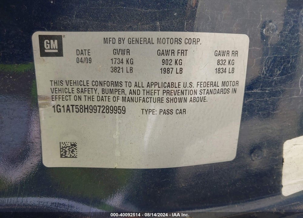 2009 CHEVROLET COBALT LT VIN: 1G1AT58H997289959