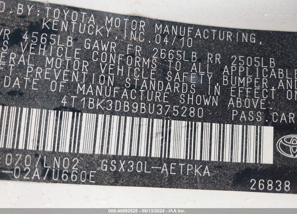 2011 TOYOTA AVALON LIMITED VIN: 4T1BK3DB9BU375280
