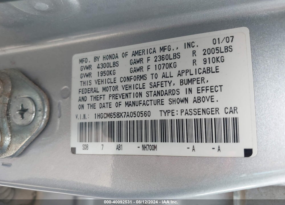 2007 HONDA ACCORD 3.0 EX VIN: 1HGCM658X7A050560