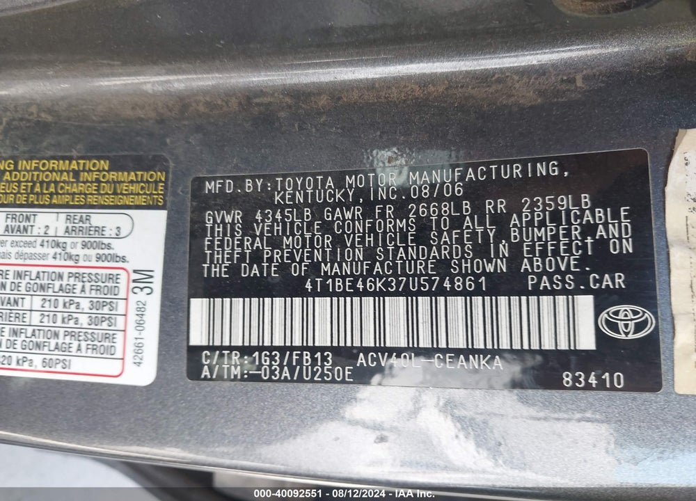 2007 TOYOTA CAMRY LE VIN: 4T1BE46K37U574861