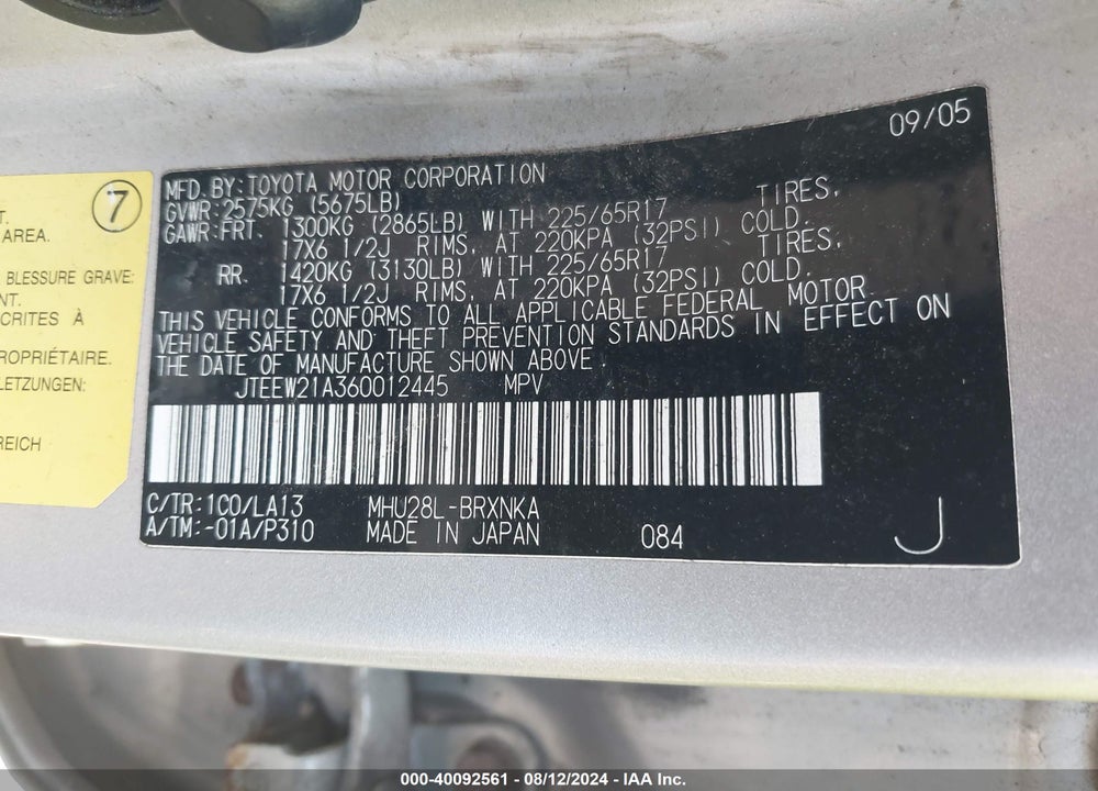 2006 TOYOTA HIGHLANDER HYBRID LIMITED V6 VIN: JTEEW21A360012445