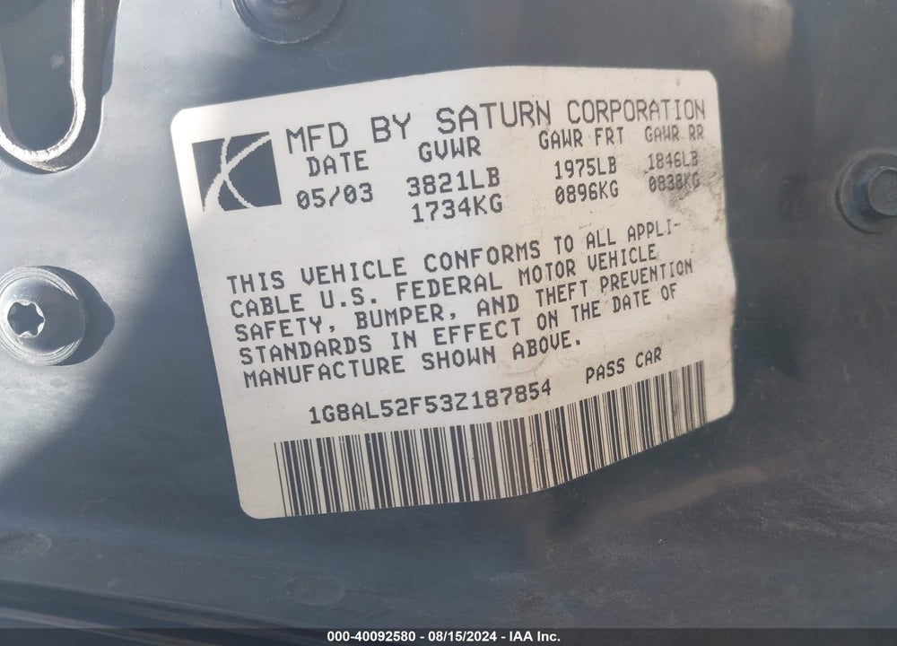 2003 SATURN ION 3 VIN: 1G8AL52F53Z187854
