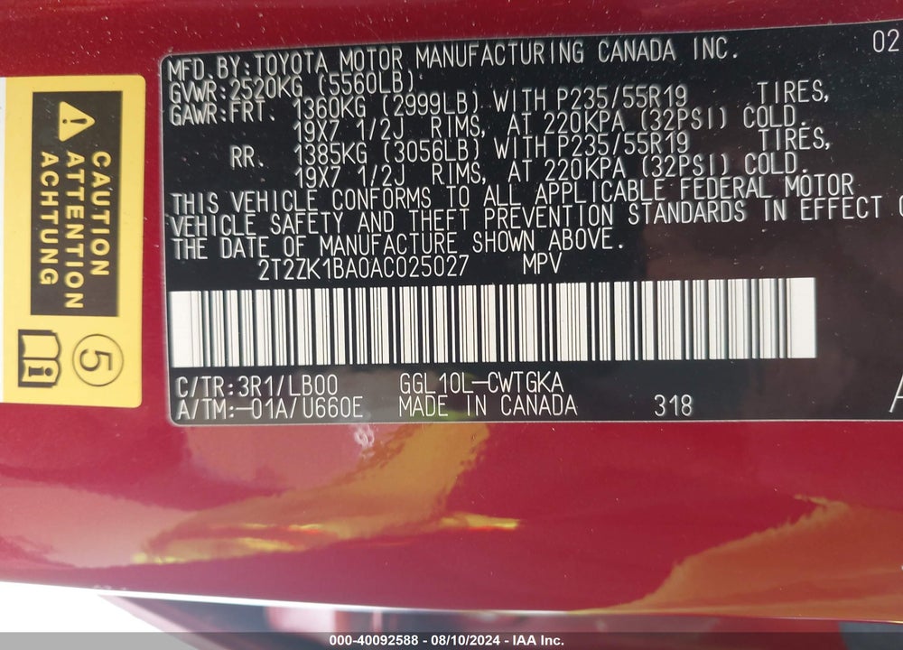 2010 LEXUS RX 350 VIN: 2T2ZK1BA0AC025027