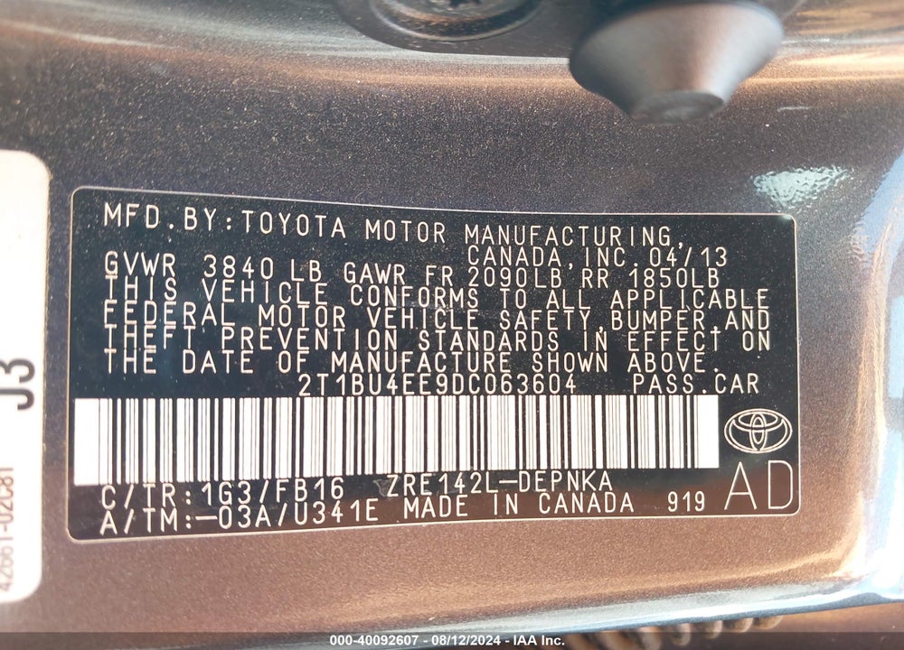 2013 TOYOTA COROLLA LE VIN: 2T1BU4EE9DC063604