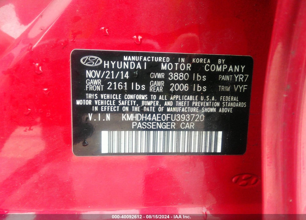 2015 HYUNDAI ELANTRA SE VIN: KMHDH4AE0FU393720