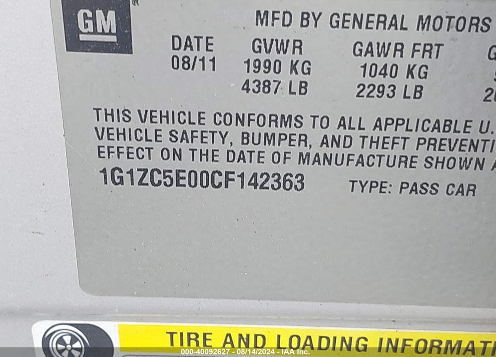 2012 CHEVROLET MALIBU 1LT VIN: 1G1ZC5E00CF142363