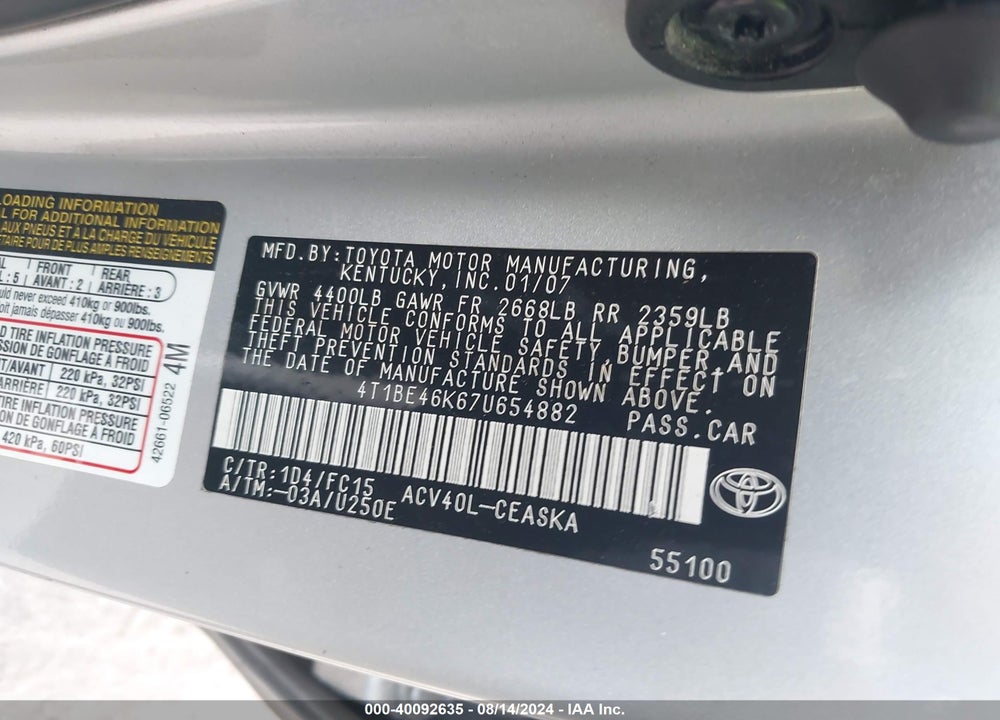 2007 TOYOTA CAMRY VIN: 4T1BE46K67U654882