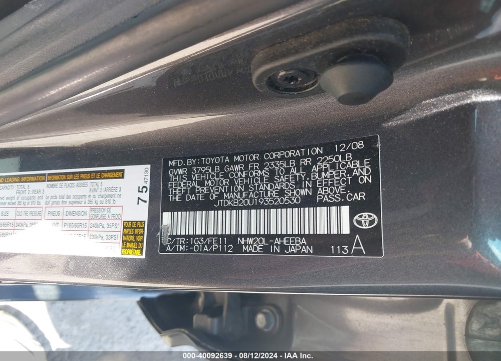 2009 TOYOTA PRIUS VIN: JTDKB20U193520530