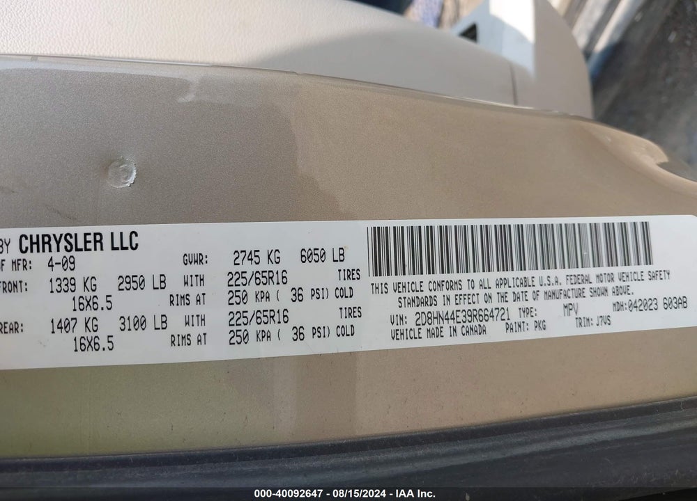 2009 DODGE GRAND CARAVAN SE VIN: 2D8HN44E39R664721