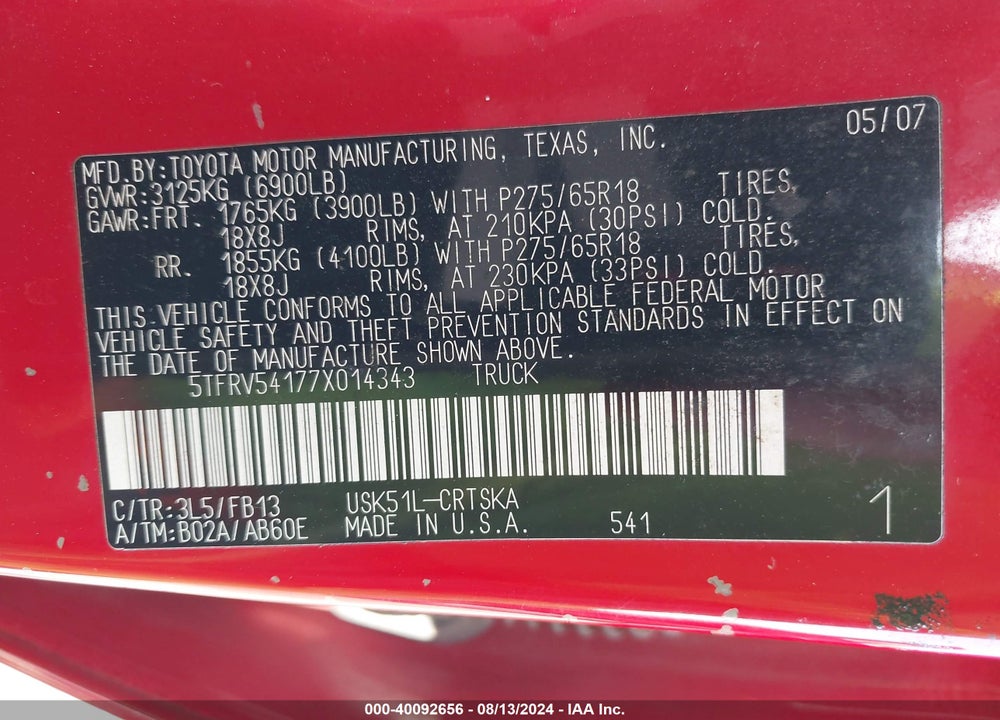 2007 TOYOTA TUNDRA SR5 V8 VIN: 5TFRV54177X014343