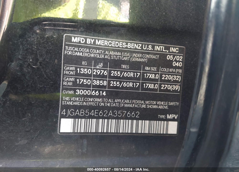 2002 MERCEDES-BENZ ML 320 VIN: 4JGAB54E62A357662