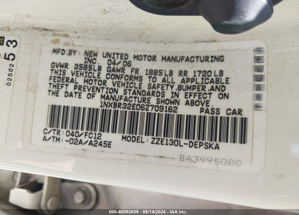 2006 TOYOTA COROLLA S VIN: 1NXBR32E06Z709162