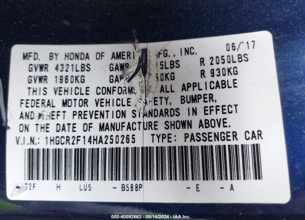 2017 HONDA ACCORD VIN: 1HGCR2F14HA250265