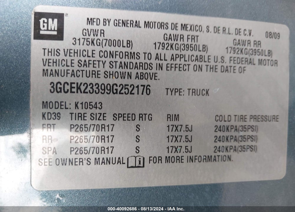 2009 CHEVROLET SILVERADO 1500 LT VIN: 3GCEK23399G252176