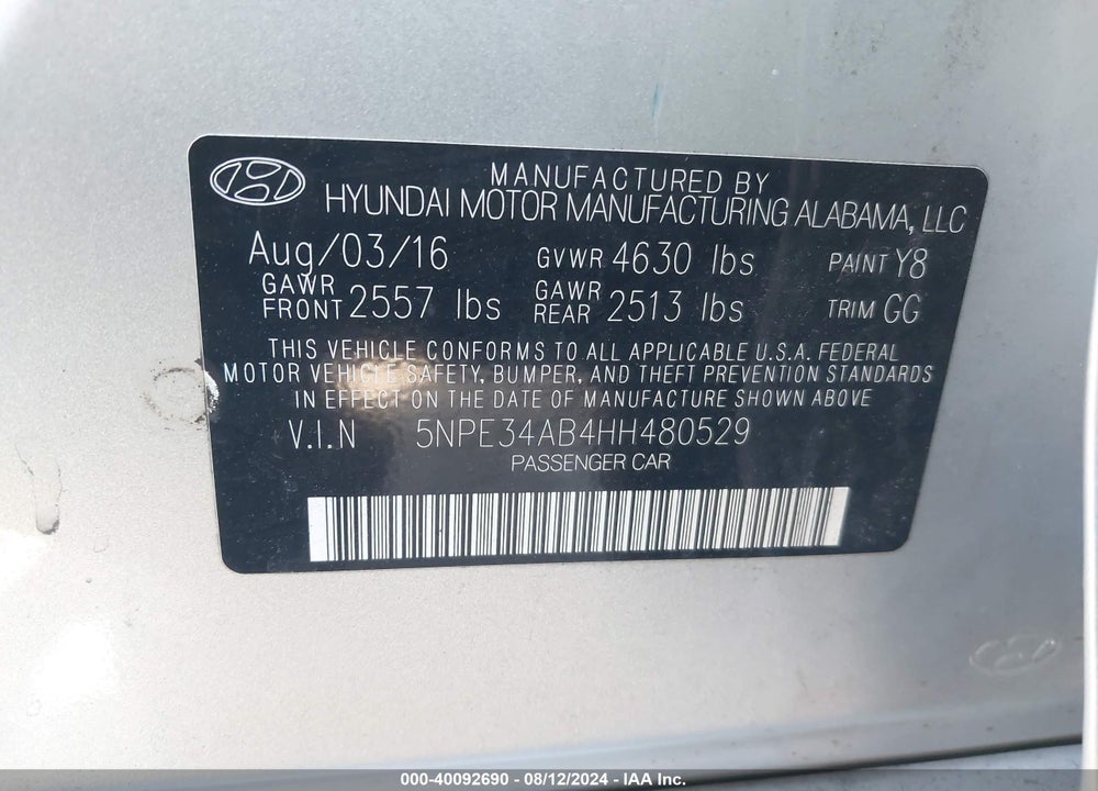 2017 HYUNDAI SONATA SPORT 2.0T VIN: 5NPE34AB4HH480529