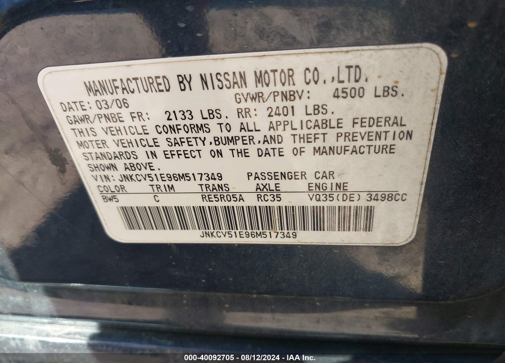 2006 INFINITI G35 VIN: JNKCV51E96M517349