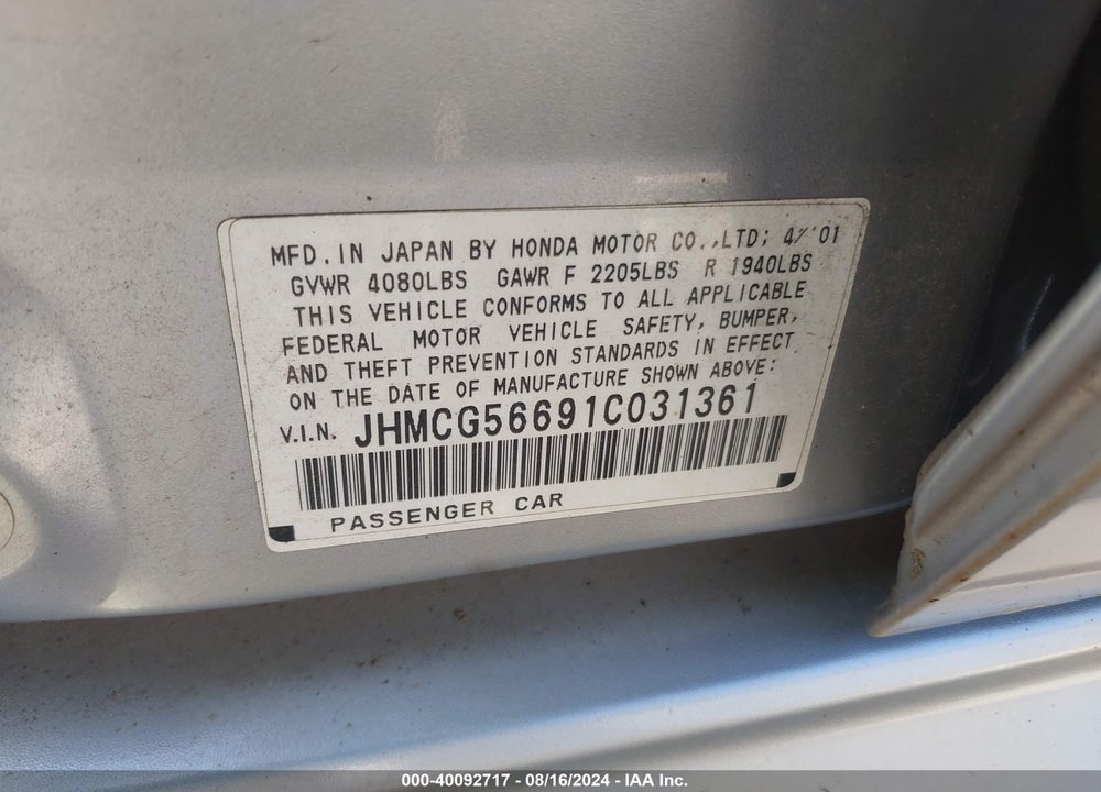2001 HONDA ACCORD 2.3 EX VIN: JHMCG56691C031361