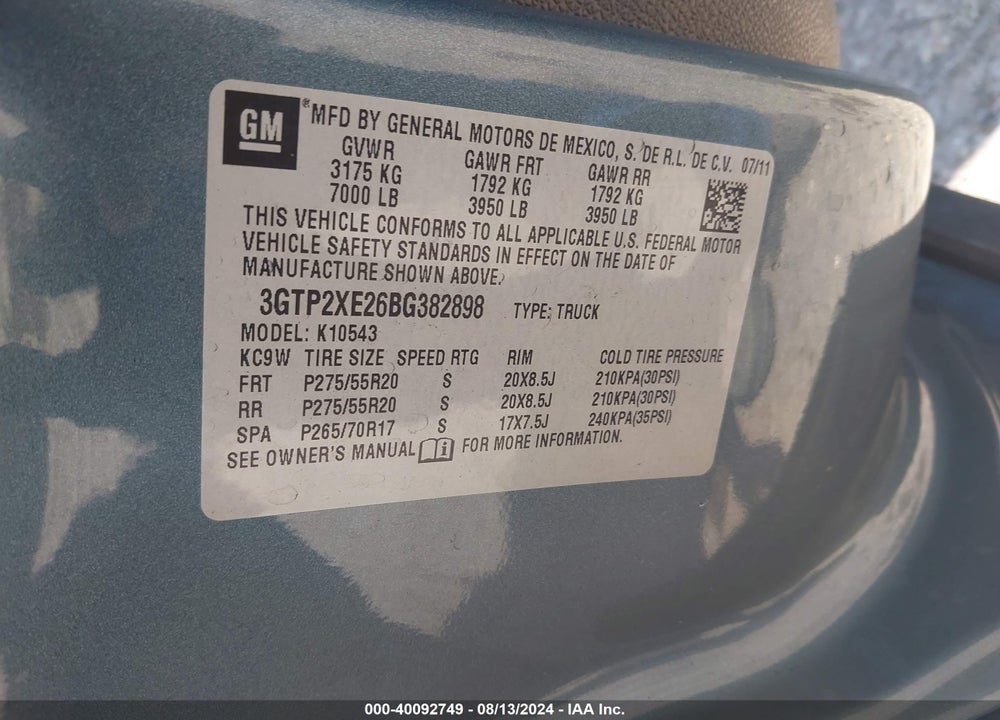 2011 GMC SIERRA 1500 DENALI VIN: 3GTP2XE26BG382898