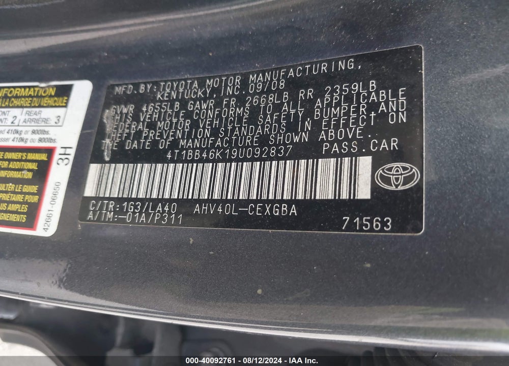 2009 TOYOTA CAMRY HYBRID VIN: 4T1BB46K19U092837