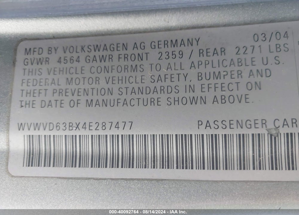2004 VOLKSWAGEN PASSAT GLS VIN: WVWVD63BX4E287477