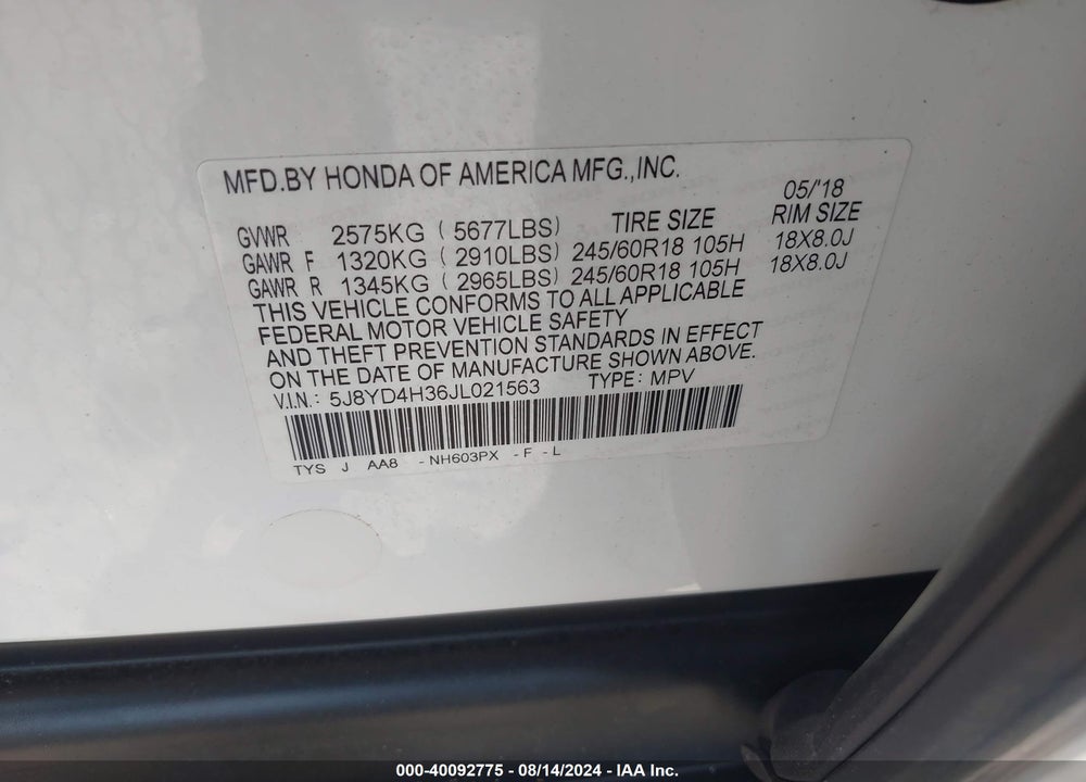 2018 ACURA MDX VIN: 5J8YD4H36JL021563