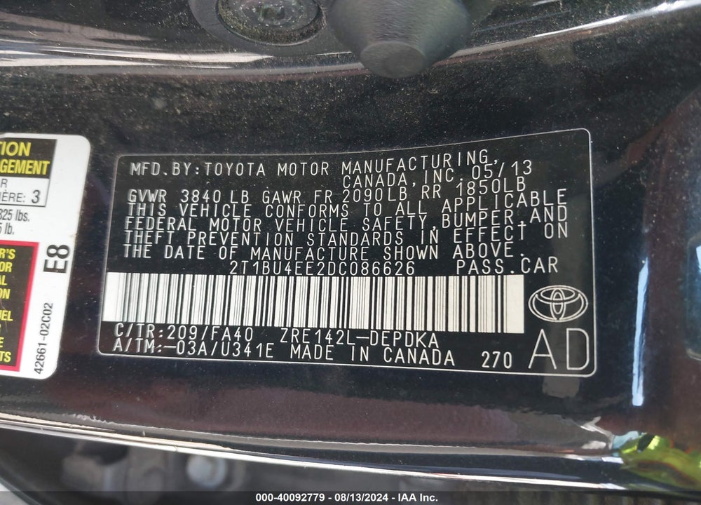 2013 TOYOTA COROLLA VIN: 2T1BU4EE2DC086626