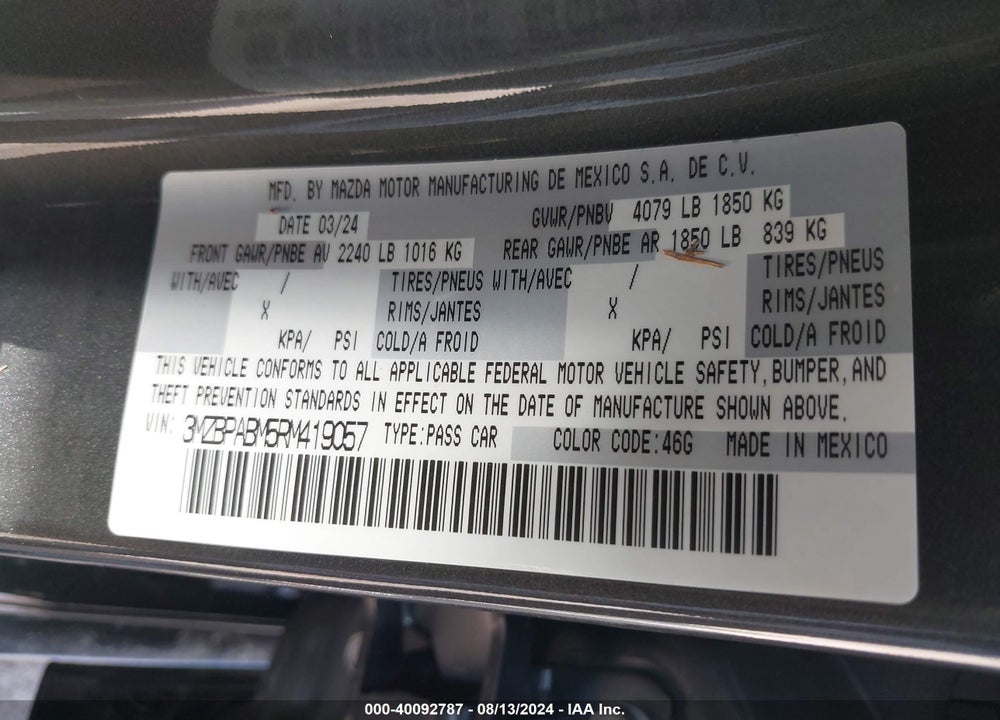 2024 MAZDA 3 2.5 S SELECT SPORT VIN: 3MZBPABM5RM419057