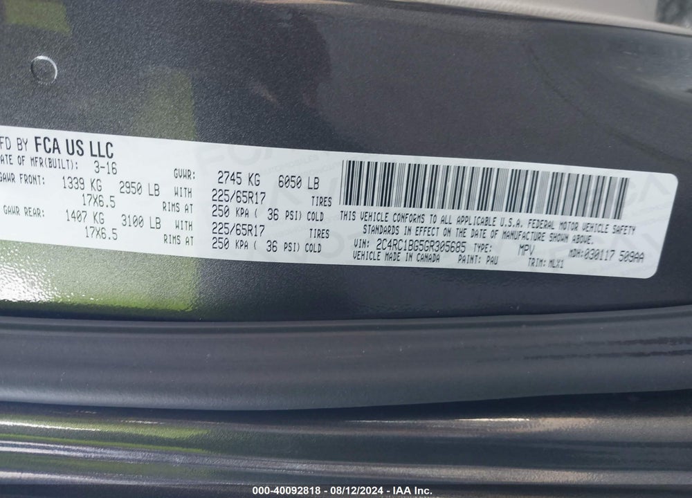 2016 CHRYSLER TOWN & COUNTRY TOURING VIN: 2C4RC1BG5GR305685