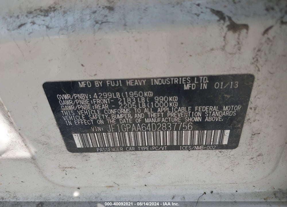 2013 SUBARU IMPREZA 2.0I VIN: JF1GPAA64D2837756