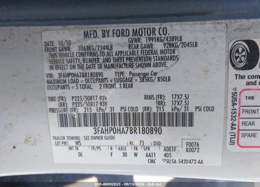 2011 FORD FUSION SE VIN: 3FAHP0HA7BR180890