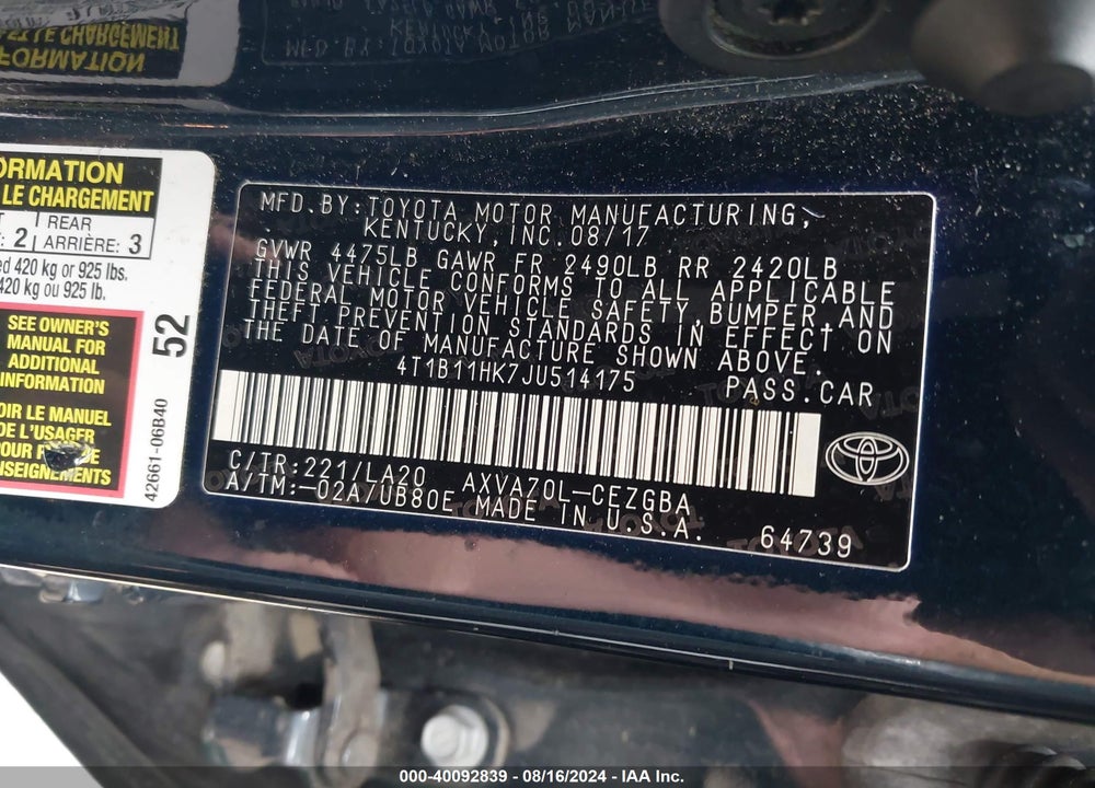 2018 TOYOTA CAMRY XLE VIN: 4T1B11HK7JU514175