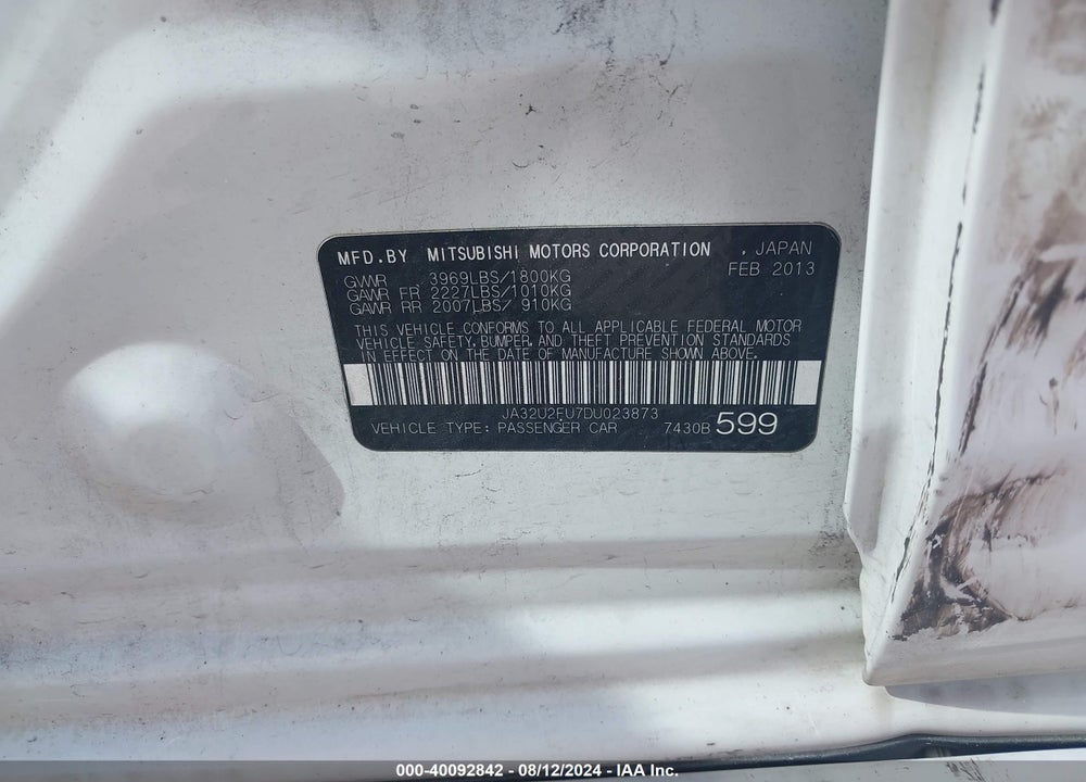 2013 MITSUBISHI LANCER ES VIN: JA32U2FU7DU023873
