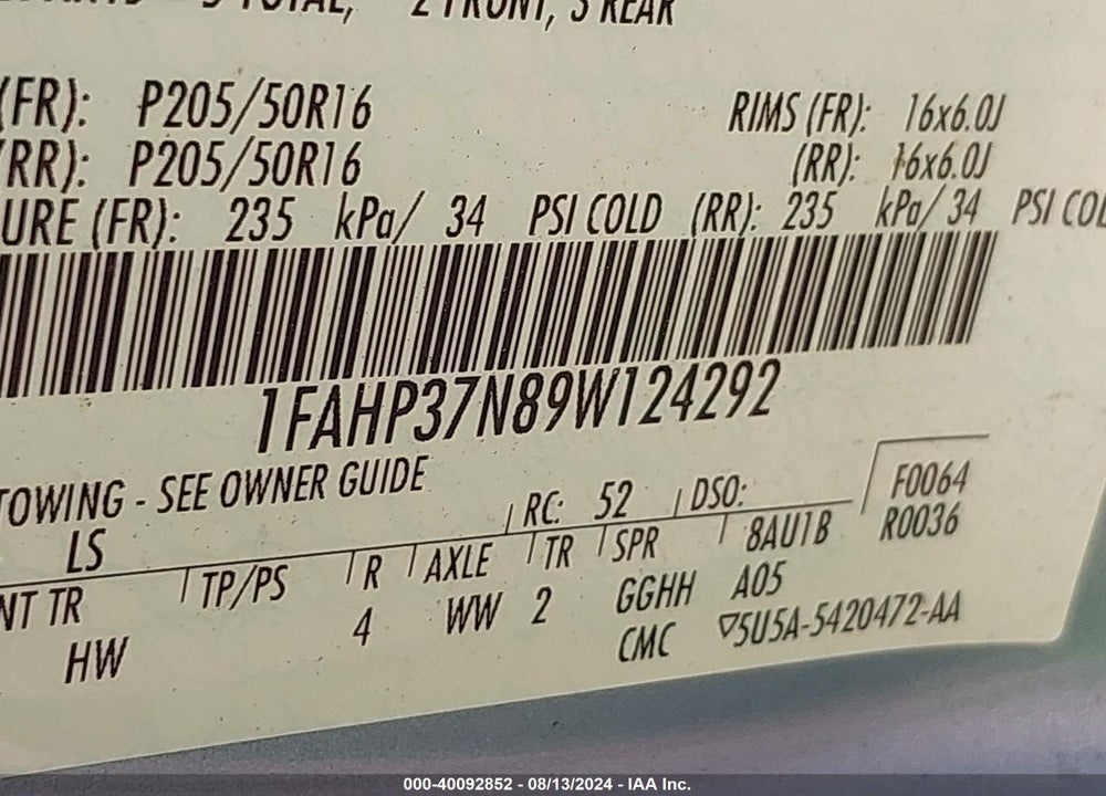 2009 FORD FOCUS VIN: 1FAHP37N89W124292