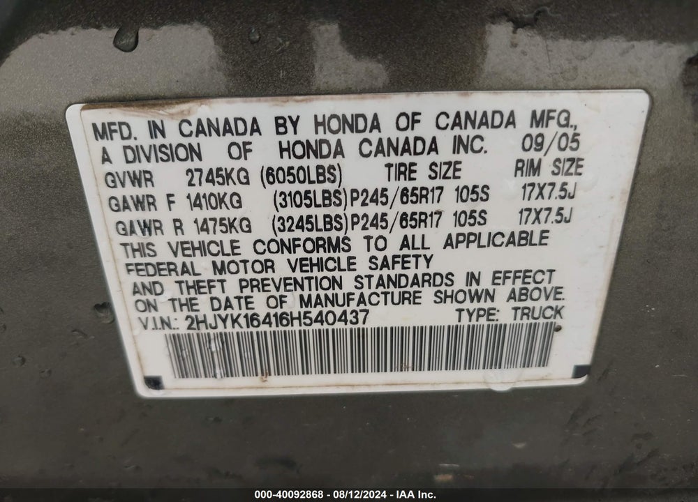2006 HONDA RIDGELINE RTS VIN: 2HJYK16416H540437