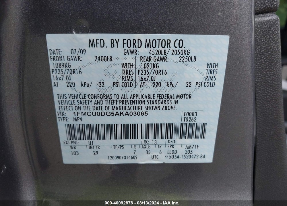 2010 FORD ESCAPE XLT VIN: 1FMCU0DG5AKA03065