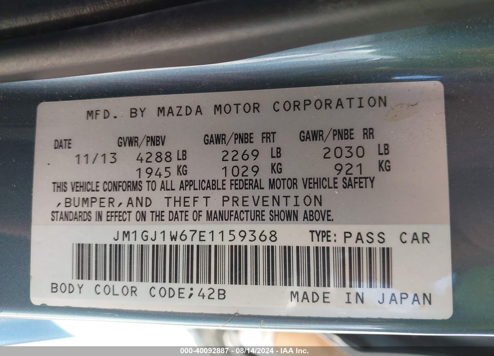 2014 MAZDA 6 I GRAND TOURING VIN: JM1GJ1W67E1159368