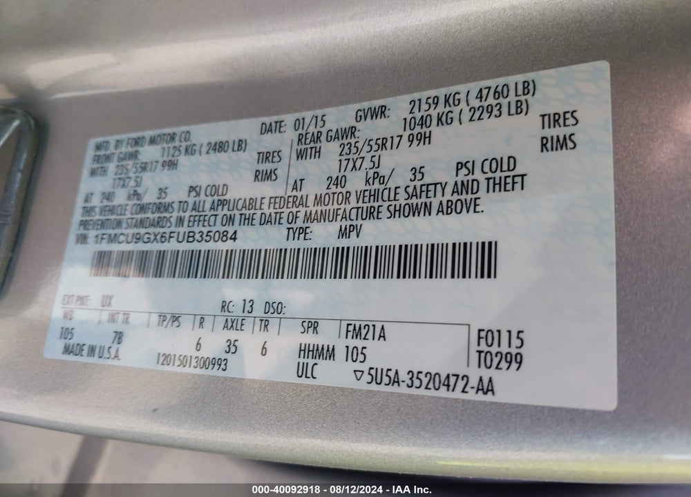 2015 FORD ESCAPE SE VIN: 1FMCU9GX6FUB35084