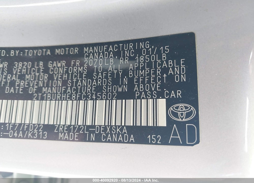 2015 TOYOTA COROLLA S PLUS VIN: 2T1BURHE8FC345602
