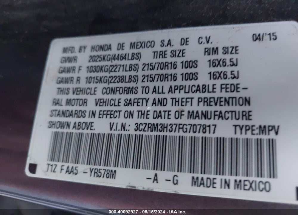 2015 HONDA CR-V LX VIN: 3CZRM3H37FG707817