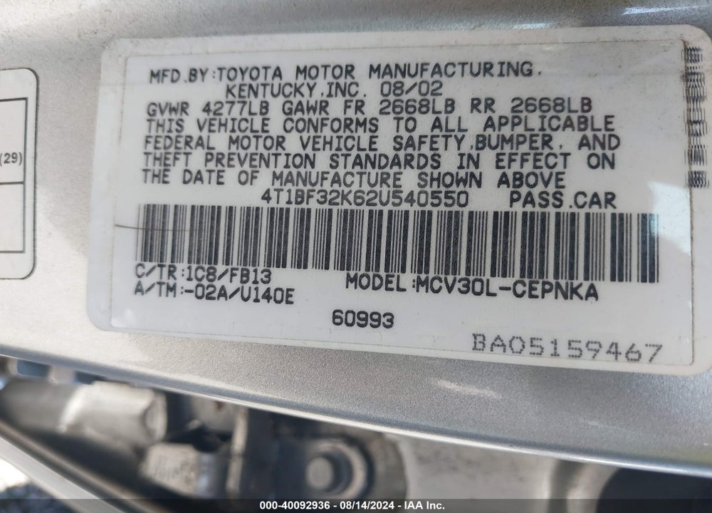 2002 TOYOTA CAMRY LE V6 VIN: 4T1BF32K62U540550