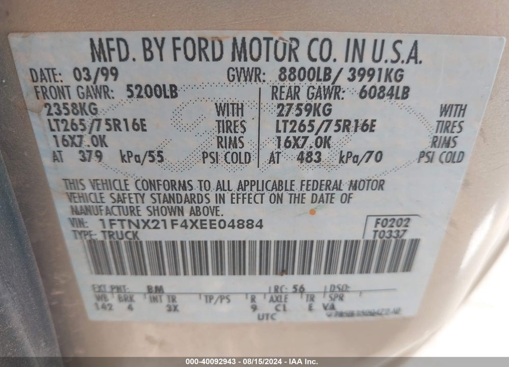 1999 FORD F-250 LARIAT/XL/XLT VIN: 1FTNX21F4XEE04884