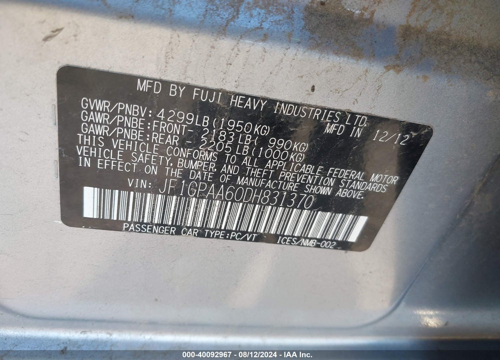 2013 SUBARU IMPREZA 2.0I VIN: JF1GPAA60DH831370