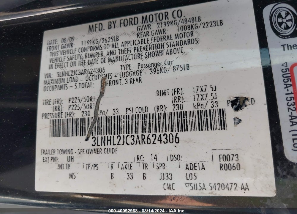 2010 LINCOLN MKZ VIN: 3LNHL2JC3AR624306