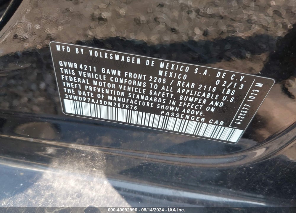2013 VOLKSWAGEN JETTA 2.5L SE VIN: 3VWDP7AJ9DM267876